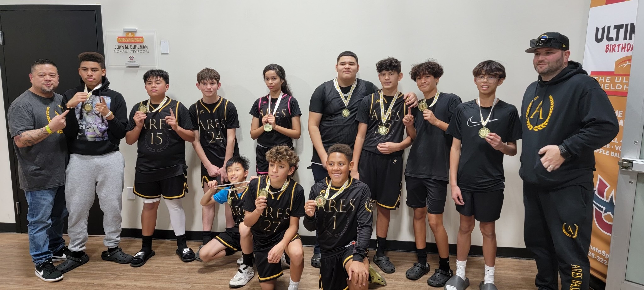 Ares Basketball 13/14u players posing for the championship